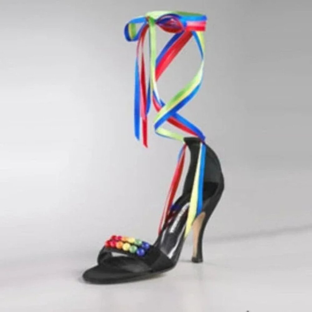 Hollywould Rainbow Ribbon Beaded Ankle Wrap Vintage Y2K Heels 8 Sandals Black - Picture 9 of 16
